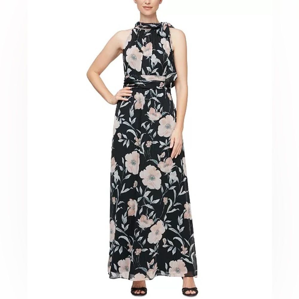 SLNY Black Floral Halter Maxi Dress with Blush Flowers